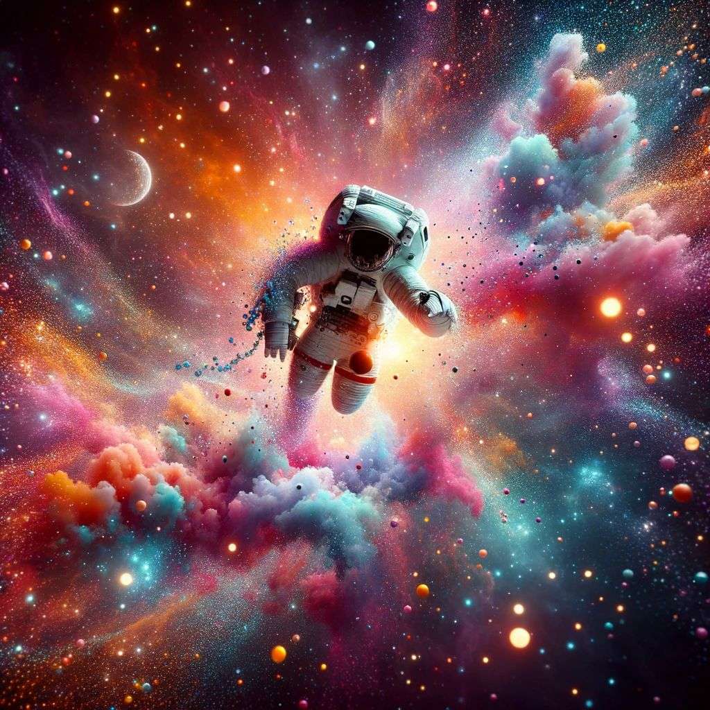 an astronaut, particle explosion, digital art